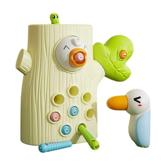 White Magnetic Bird Feeding Toy For Kids, Woodpecker Worm Catching Game, Sensory Learning Toy With Safe Rounded Edges For Toddlers