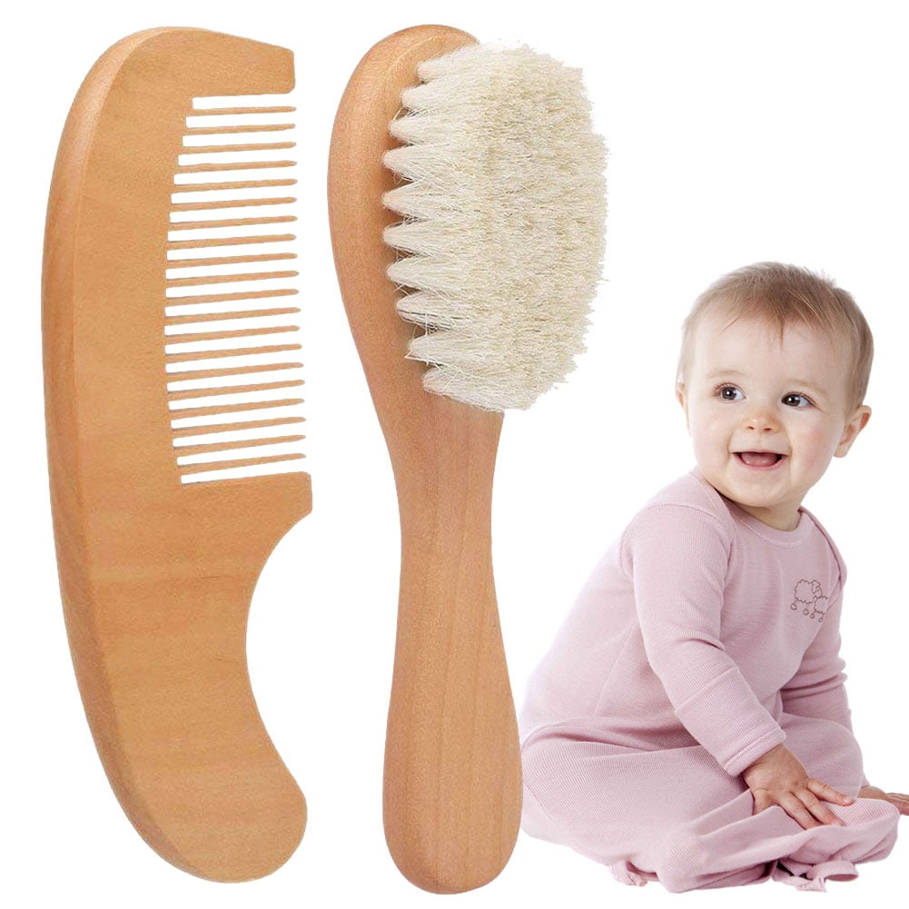 YMH 2Pcs/Set Wooden Baby Safety Comb Woolen Hair Brush Care Massage Grooming Tool