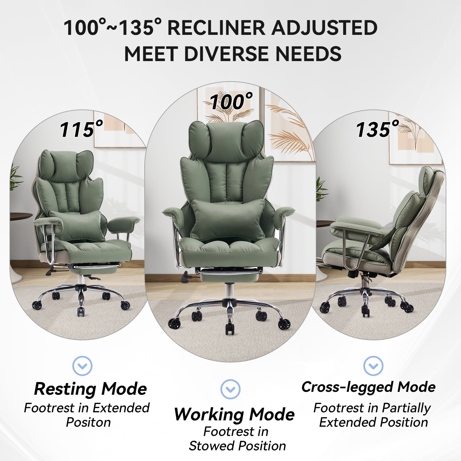 ATMILD 400 lbs Big and Tall Ergonomic PU Leather Office Chair with Footrest, Green