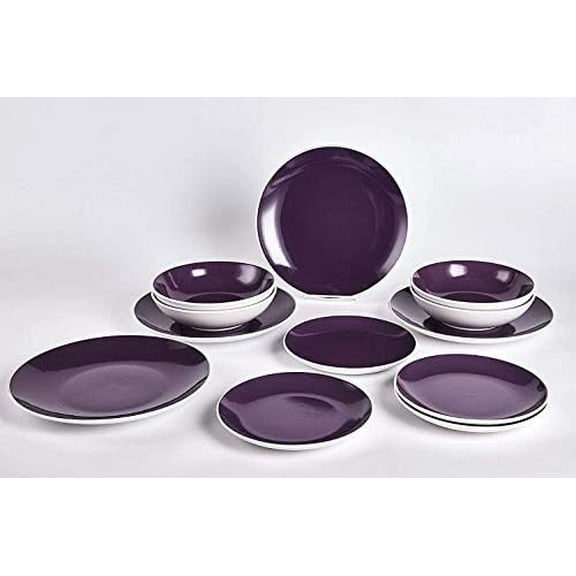 Stoneware Coupe Shape 12pc Dinnerware Set, Outside White Inside Purple$$Home Decor, Kitchen, & Other