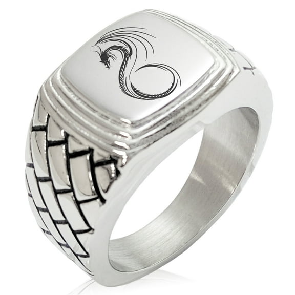Stainless Steel Serpentine Dragon Geometric Pattern Step-Down Biker Style Polished Ring