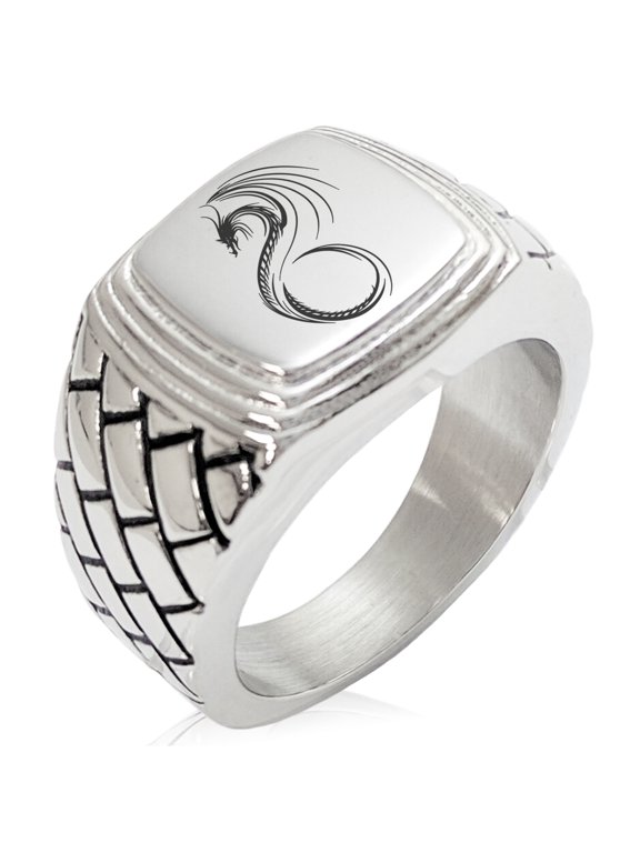 Stainless Steel Serpentine Dragon Geometric Pattern Step-Down Biker Style Polished Ring