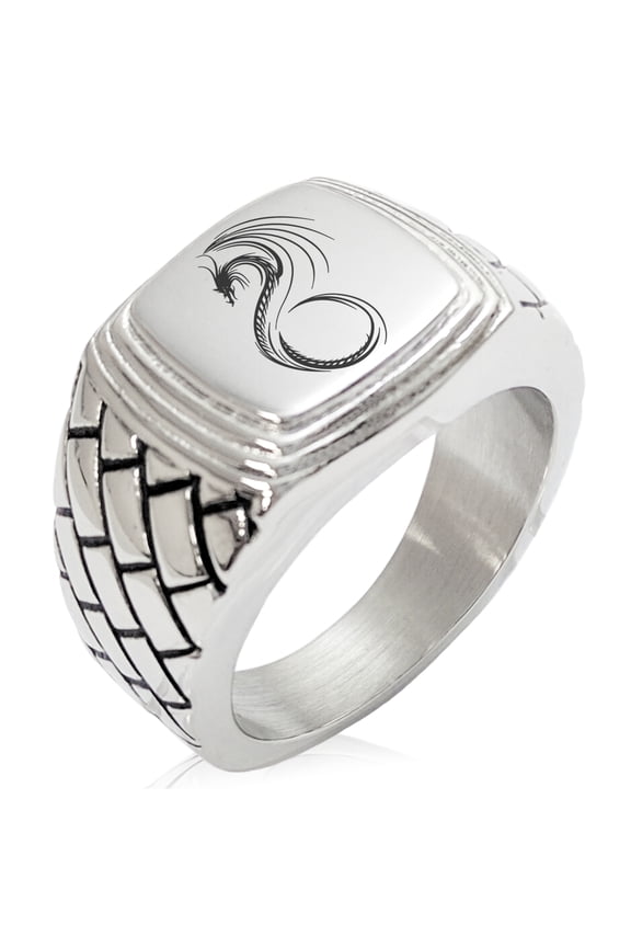 Stainless Steel Serpentine Dragon Geometric Pattern Step-Down Biker Style Polished Ring
