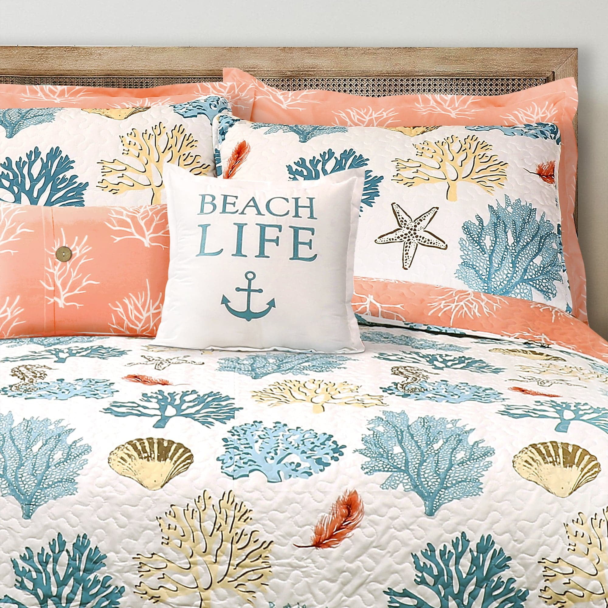 Lush Decor Coastal Reef Feather Quilt Blue/Coral 7Pc Set Full/Queen