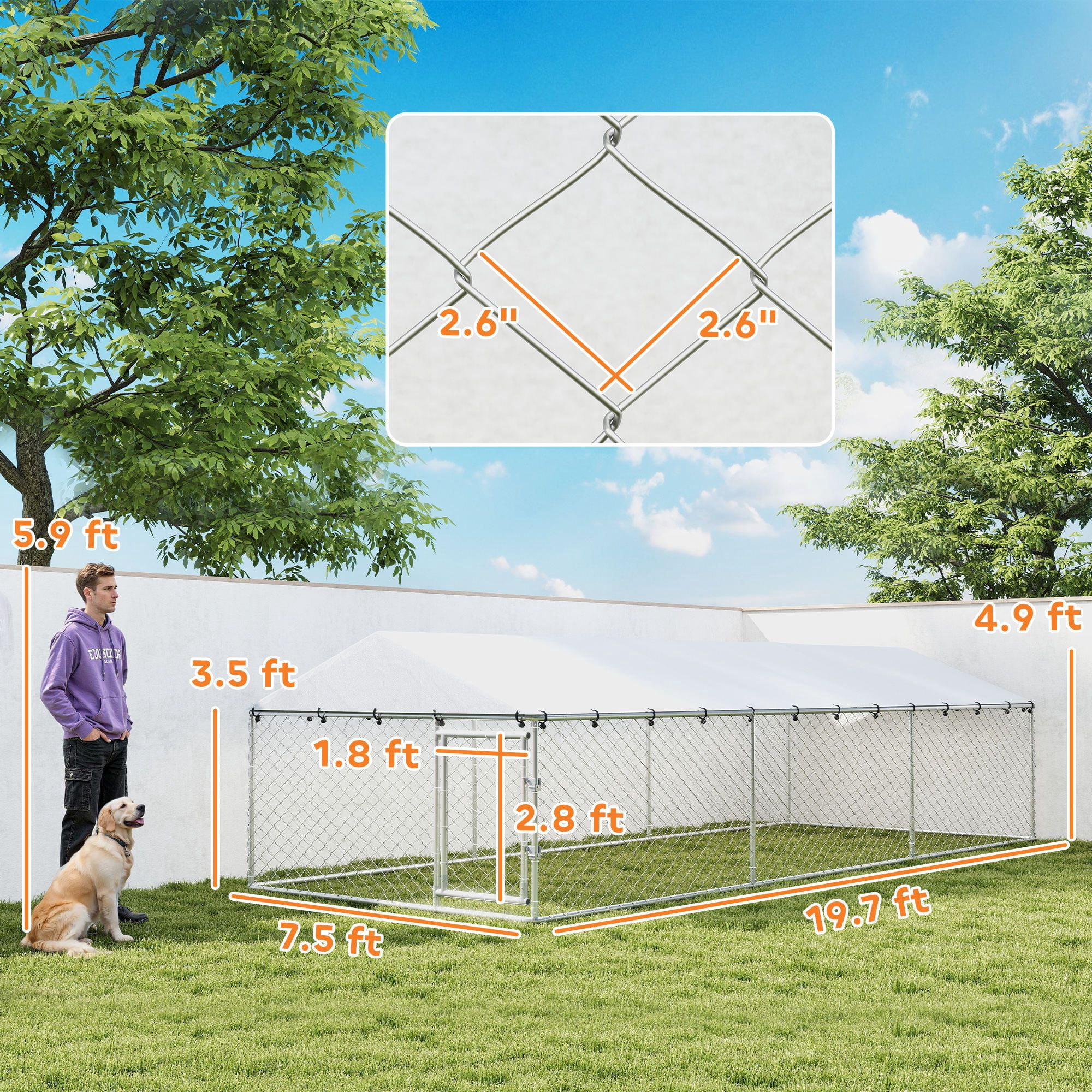 Dranite 20' x 7.5' x 5' Outdoor Dog Kennel for Large Dogs, Heavy-Duty Metal Frame with Waterproof Roof