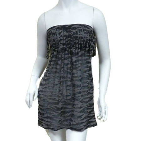 Bongo Junior Womens Black Swim Suit Cover Up Fringed Zebra Strapless Sun Dress