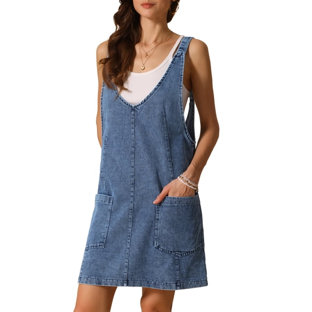 Vestido mini de mezclilla sin mangas para mujer Inspire Chic, con tirantes ajustables, talla XS, azul oscuro
