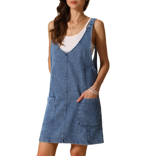Vestido mini de mezclilla sin mangas para mujer Inspire Chic, con tirantes ajustables, talla XS, azul oscuro