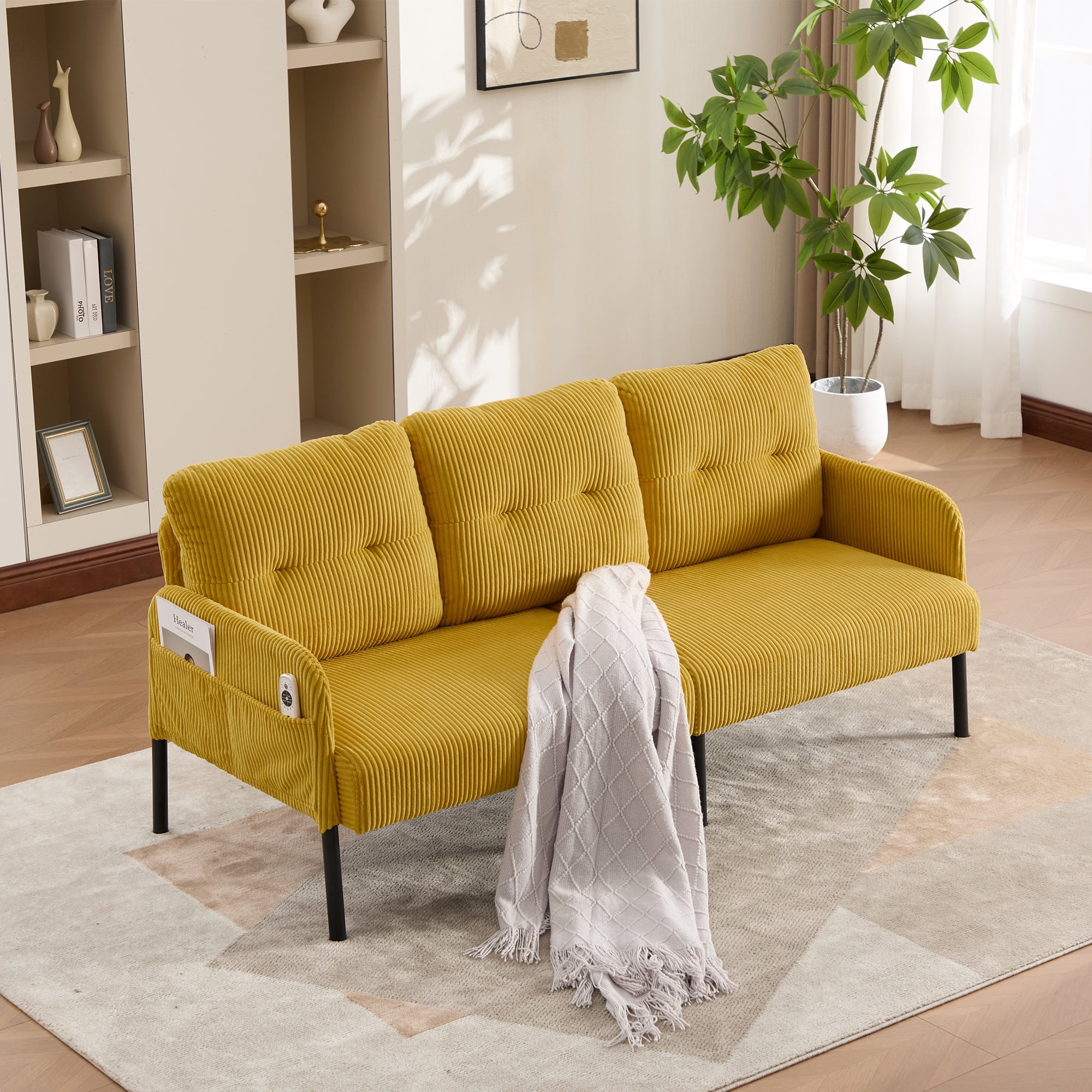 Loveseat, Small Sofa, Couch, Oversized Corduroy 2-Seater Sofa with Side Storage Pockets and Sturdy Metal Legs for Apartment, Dorm or Living Room, Mustard Yellow