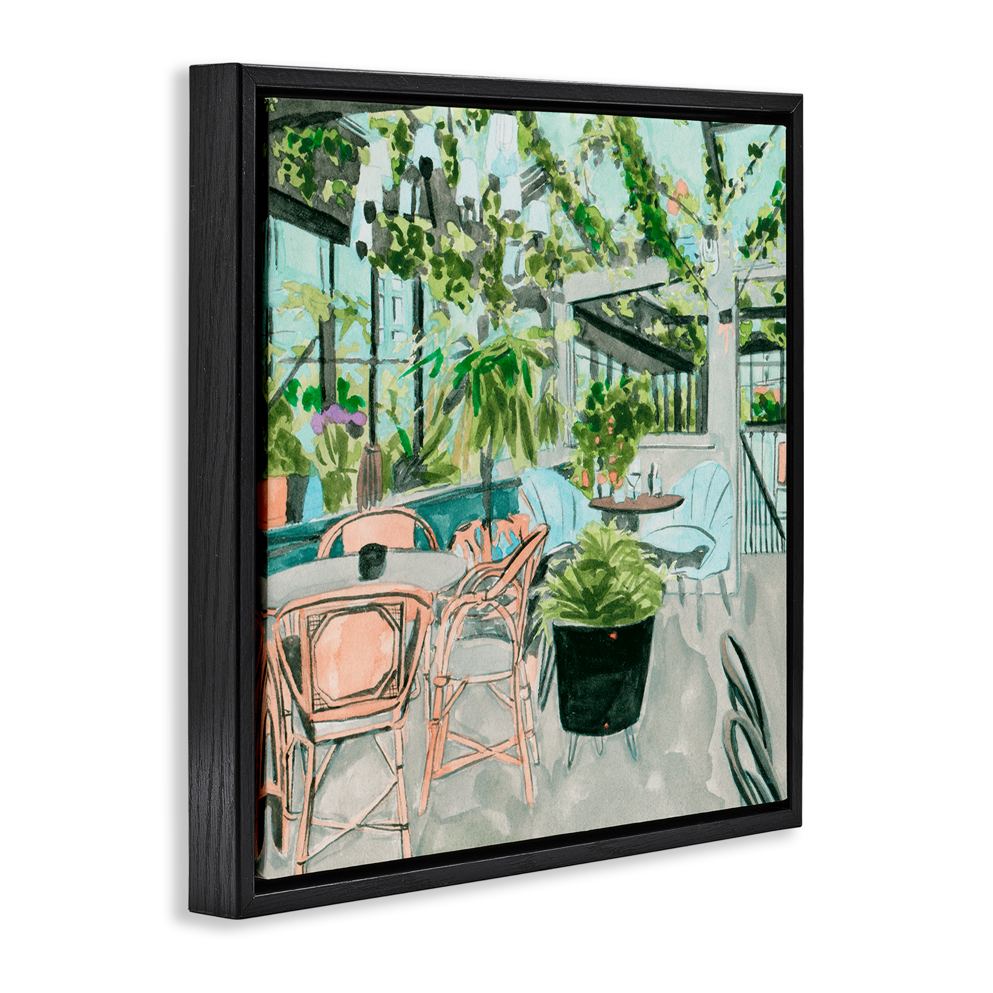 Stupell Industries Plant Filled Bistro Furniture Painting Black Floater Framed Canvas Art Print Wall Art, 18 x 18