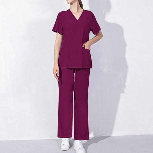 Hanen Basic Scrub Set for Women - Slim V-Neck Scrub Top & Multi Pocket Skinny Cargo Scrub Pants