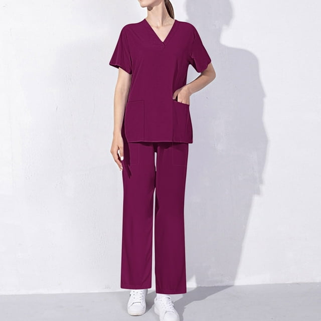 UPPADA Ensembles de Sarraus pour Femmes, Chandails de Sarrau à Col en V et Pantalons à Jambe Grand, Ensemble de Sarraus Médicaux Légers, Ensemble de Sarrau Confortable Uni Extensible avec Poche, Violet, G