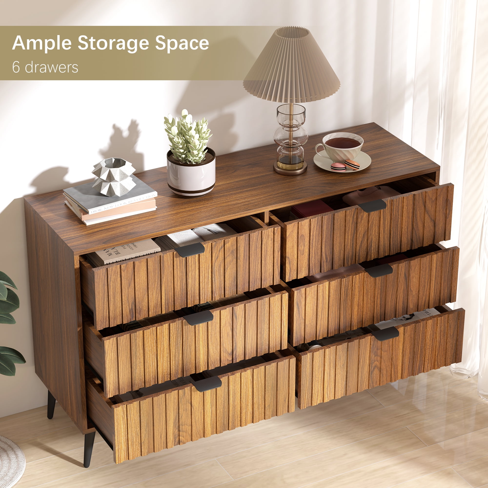 6-Drawer Fluted Dresser – Modern Natural Wood Dresser with Blister Drawers, Brown, Stylish Storage for Bedroom or Office