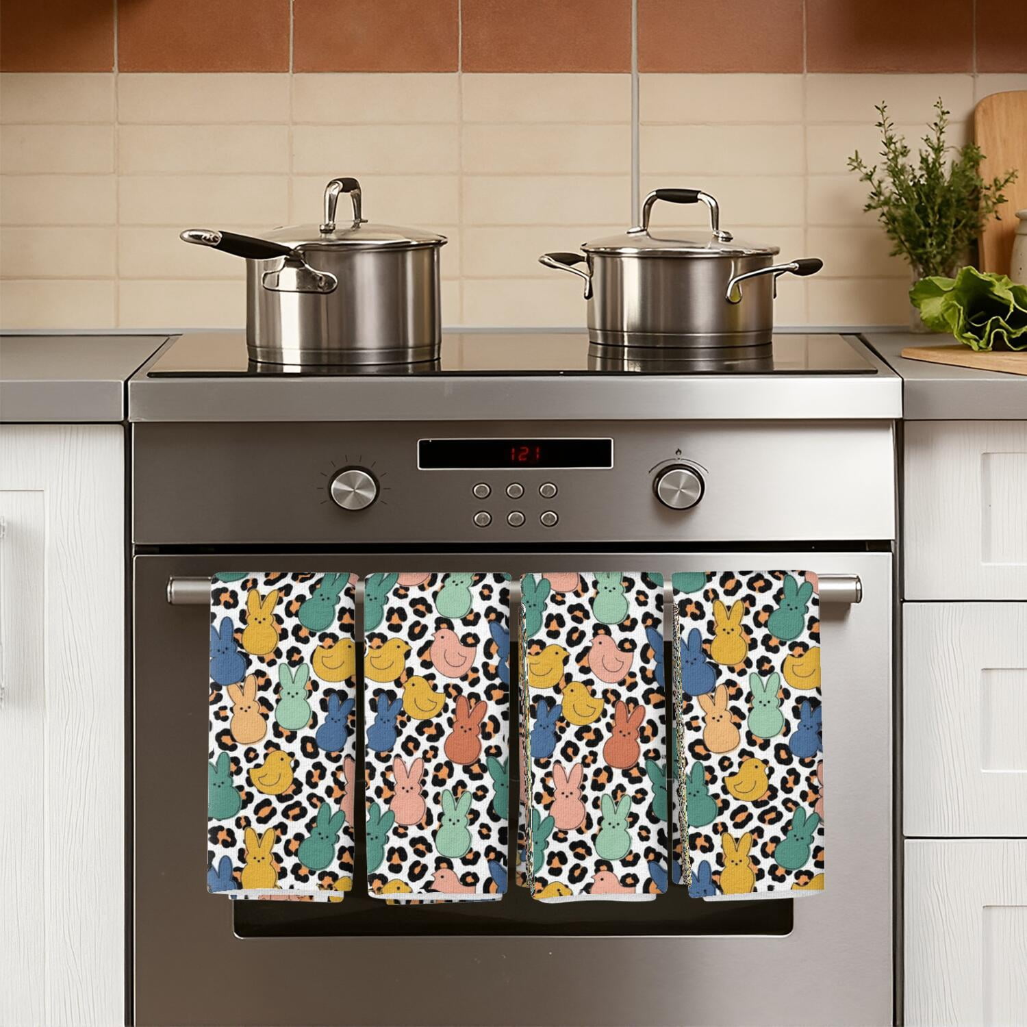 4 Pcs Funny Kitchen Towels, Easter and Leopard White Pattern Microfiber Dish Towels 18"x26", Decorative Tea Towel Set