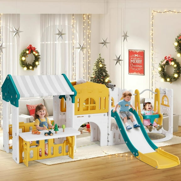 10in1 Kids Slide & Swing Playset with Playhouse Freestanding Toddler Climber Playground Indoor Outdoor Toys w/Basketball Hoop,Telescope(Green&Yellow&White)