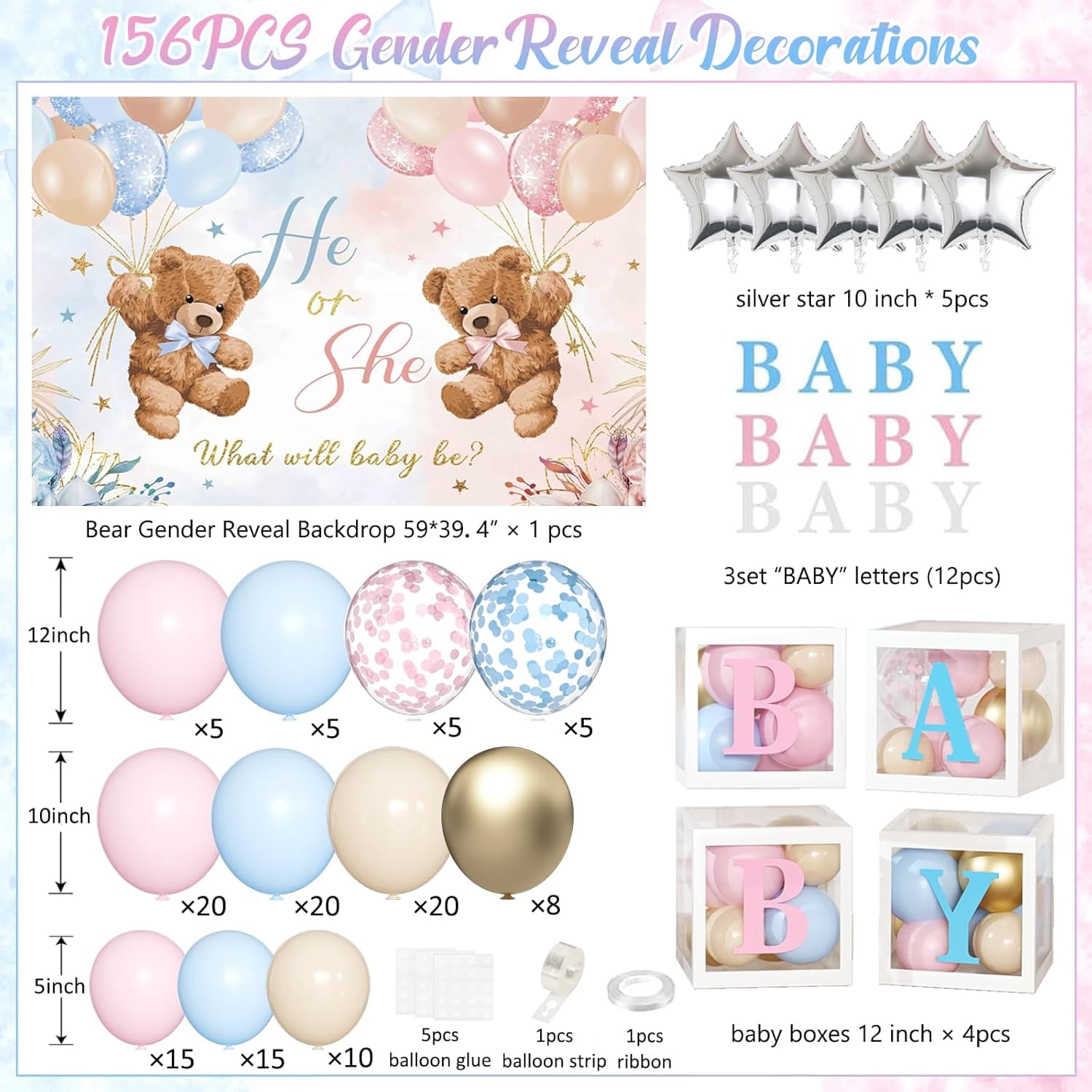 Happy Greetings Gender Reveal Party Decoration Kit Bear Backdrop Pink Blue Balloon Garland 4pcs Baby Box with Letters