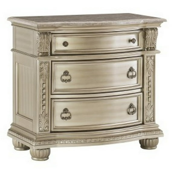 Maykoosh Victorian Vibes 35 Inch 3 Drawer Nightstand With Marble Top, Leaf Carvings, Silver