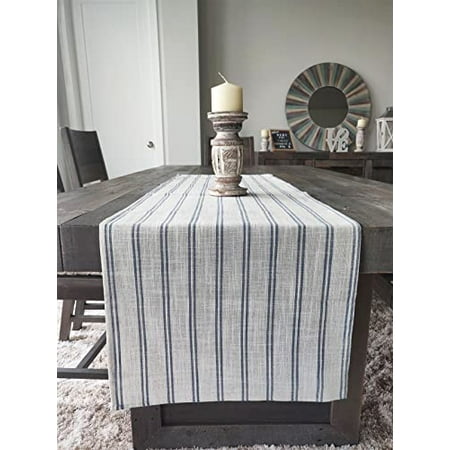 

Fennco Styles Modern Striped Linen Blend Table Runner 16 W x 90 L - Indigo Woven Table Cover for Home Décor Dining Table Banquets Family Gathering and Special Events