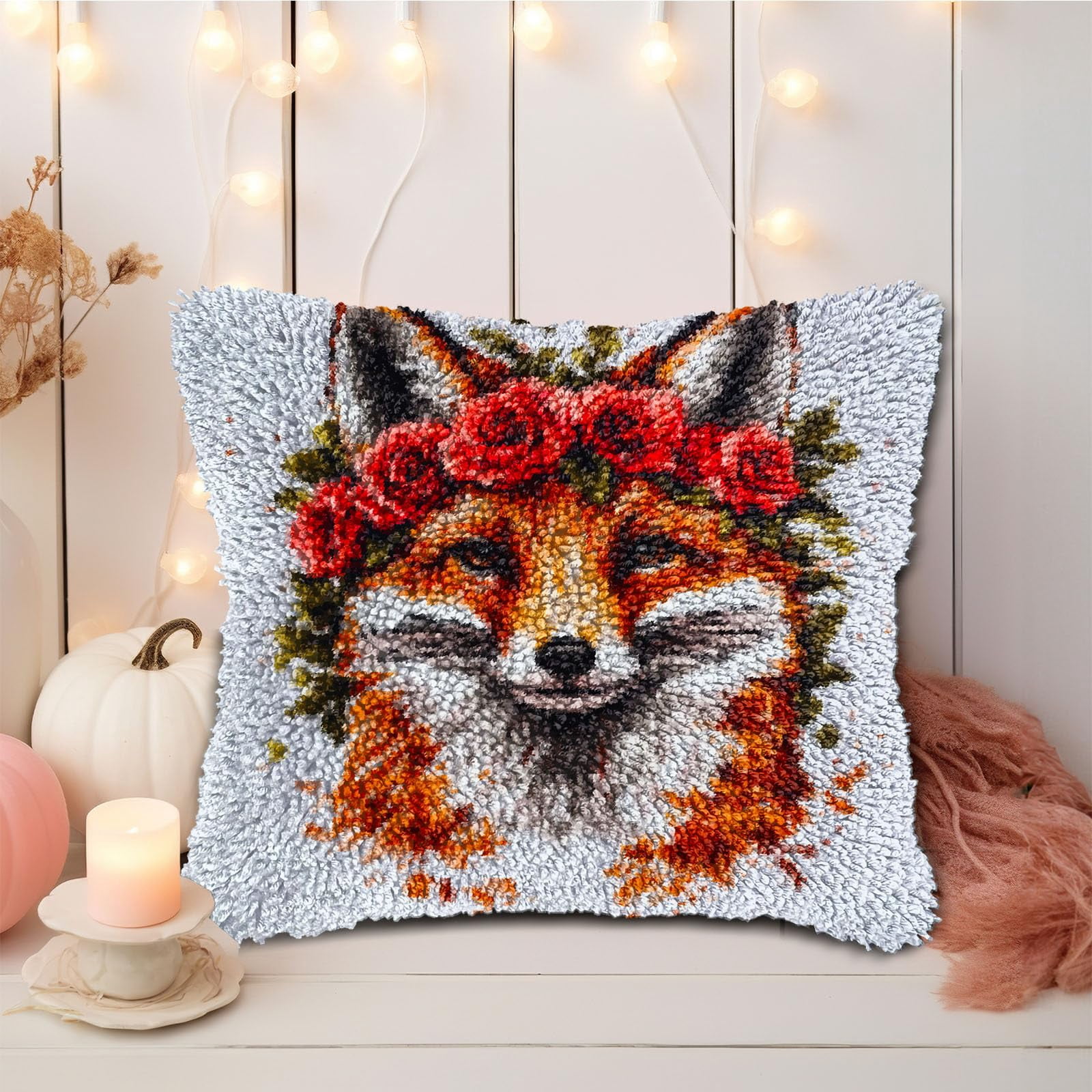 DIY Latch Hook Pillow Kits Fox with Roses in Hair Printed Pillowcase Crochet Yarns Hooking Handmade Pillow Cover Cushion for Home Sofa Decoration 17x17inch-3