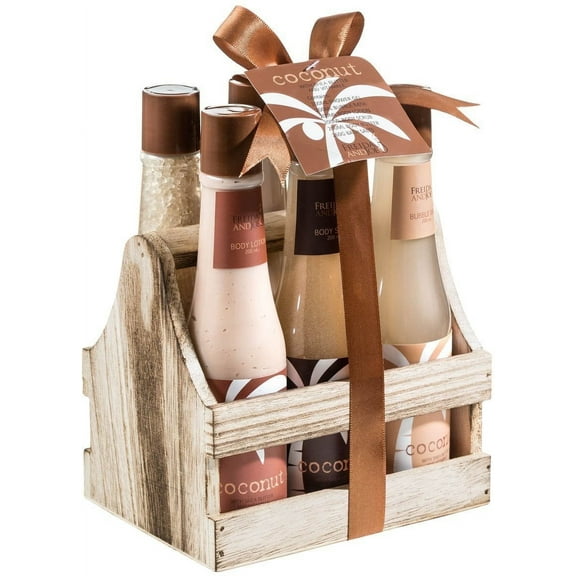 Tropical Coconut Bath and Body Gift Set for Women & Men – 6pc Spa Gift Basket with Shower Gel, Body Scrub, Lotion, Body Butter, Bubble Bath & Bath Salts – Self Care Gift Set