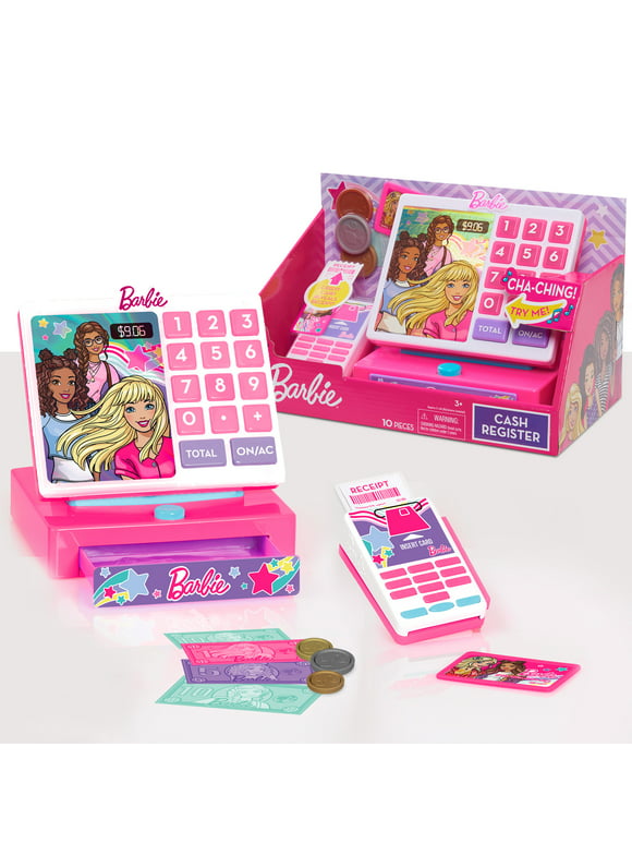 Barbie Trendy Cash Register with Sounds, Pretend Money, and Credit Card Reader, 9 Piece Playset,  Kids Toys for Ages 3 Up, Gifts and Presents