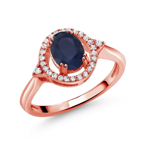 Gem Stone King 1.34 Ct Oval Blue Sapphire 18K Rose Gold Plated Silver Ring (Size 7)