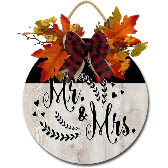 Eveokoki 12" Mr And Mrs Front Door Decor for Farmhouse Porch Decorations, Rustic Door Wreaths Sign with Fall Leaves, Round Wooden Hanging Sign