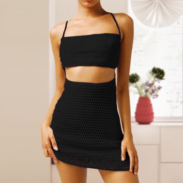 Conjunto De Ropa 2 piezas Crop Top Mini falda Sexy Y2K Outfit Dress Knit para mujer (Black L) Cgtredaw Para estrenar
