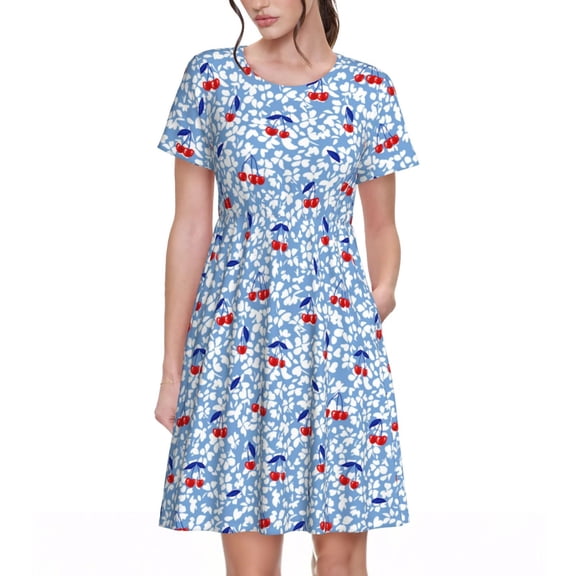 Defioc Red Cherries Pattern Womens Summer Dresses Short Sleeve Sundress 2025 Beach Vacation Dresses with Pockets -Small