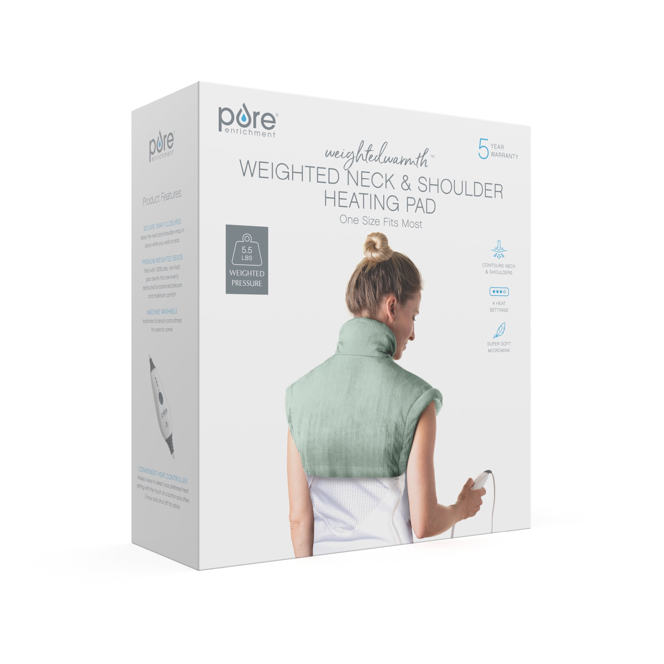 Pure Enrichment WeightedWarmth Weighted Neck and Shoulder Heating Pad - 5.5 lbs, 4 Heat Settings, BPA-Free Non-Toxic Beads, and Soft Micromink — Ideal for Neck, Shoulder, and Upper Back Pain (Jade)