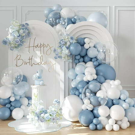 135 Pcs Dusty Blue Balloons Arch Garland Kit, Latex Blue White Clear Balloon for Wedding Birthday Graduation Baby Shower Gender Reveal Party Decoration Supplies