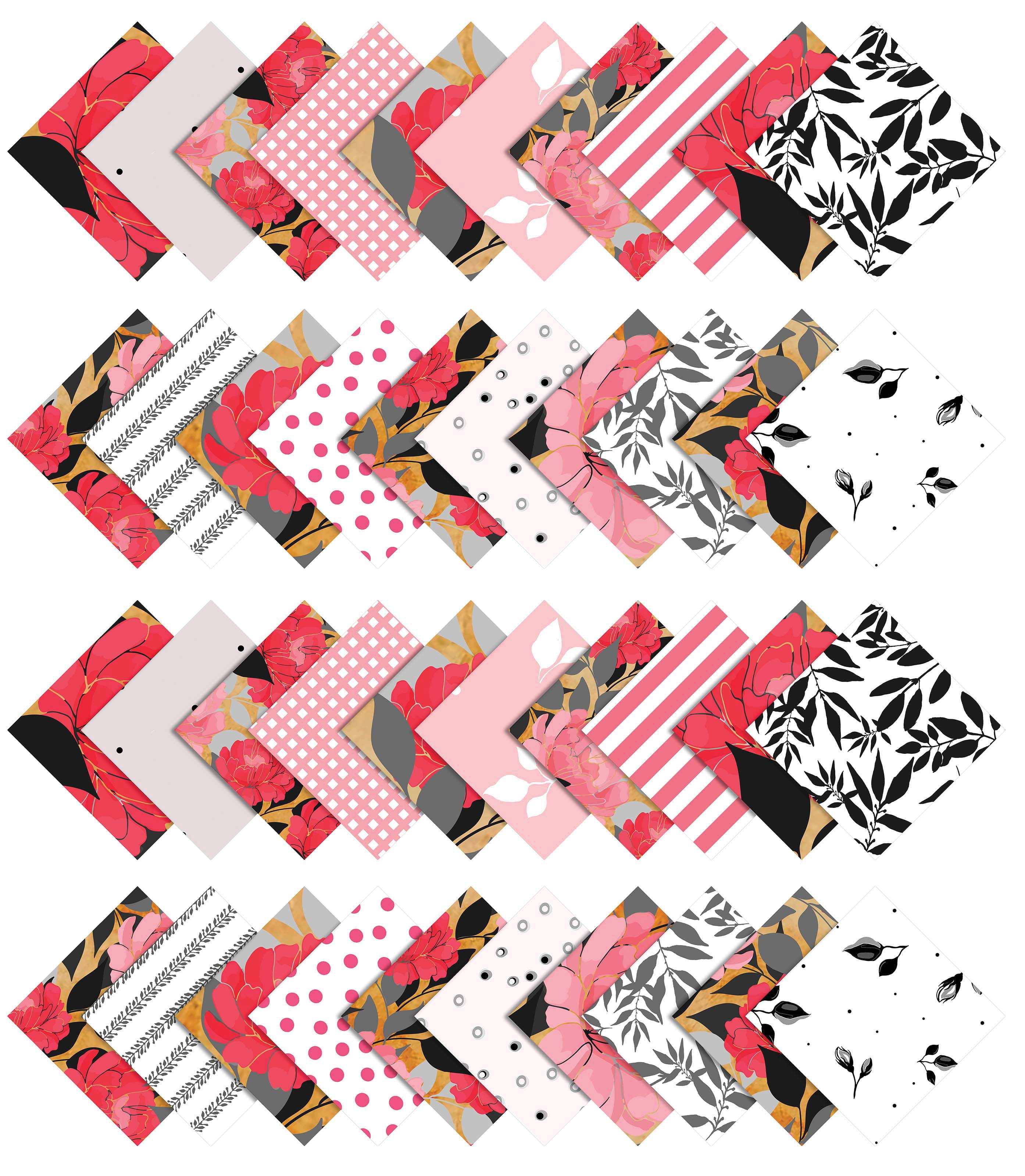 Soimoi 40Pcs Floral Print Precut Fabrics Strips Roll Up 1.5x42inches Cotton Jelly Rolls For Quilting - Pink White & Black