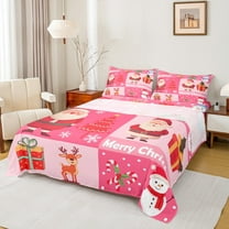 Manfei Cute Santa Claus Twin Sheet Sets for Teen, Christmas Snowman Reindeer Twin Fitted Sheet, Pink Plaid Patchwork Flat Sheet, Microfiber Bedroom Decor, 3 Pieces