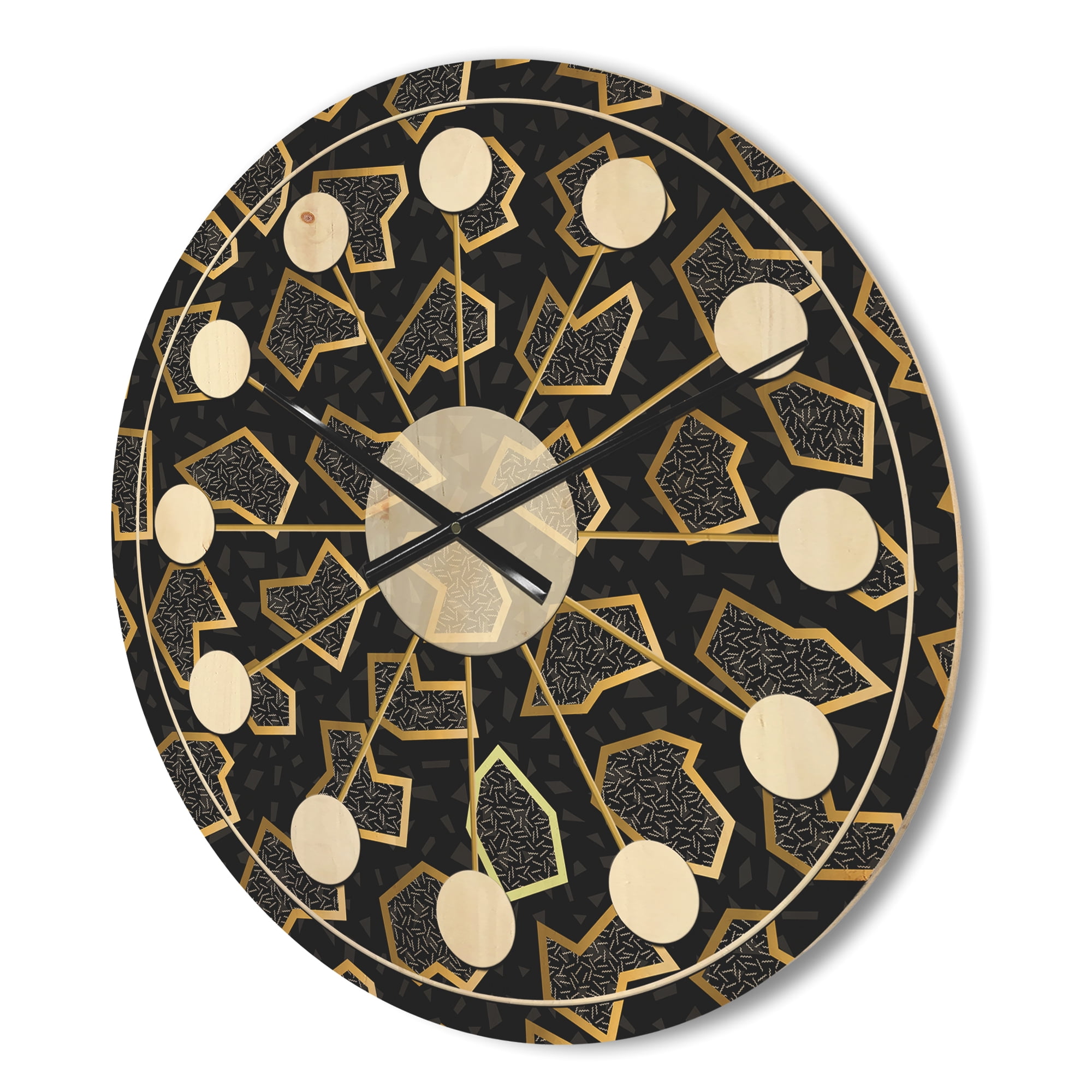 Designart 'Gold Shapes Retro Pattern' Mid-Century Modern Wood Wall Clock