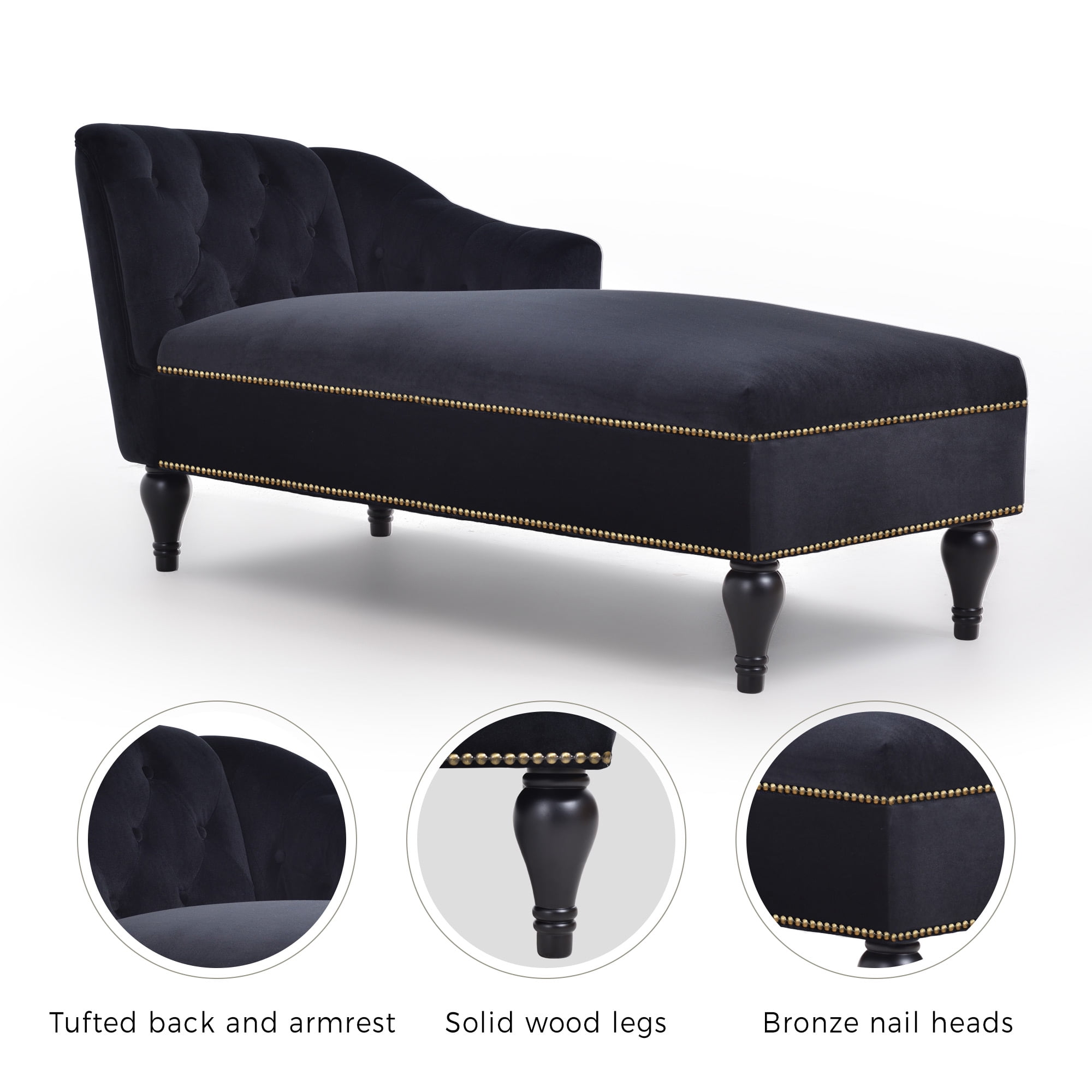 58" Velvet Chaise Lounge, Right Arm Facing Lounge Chair with Nailhead Trim for Living Room, Sleeper Lounge Sofa, Black