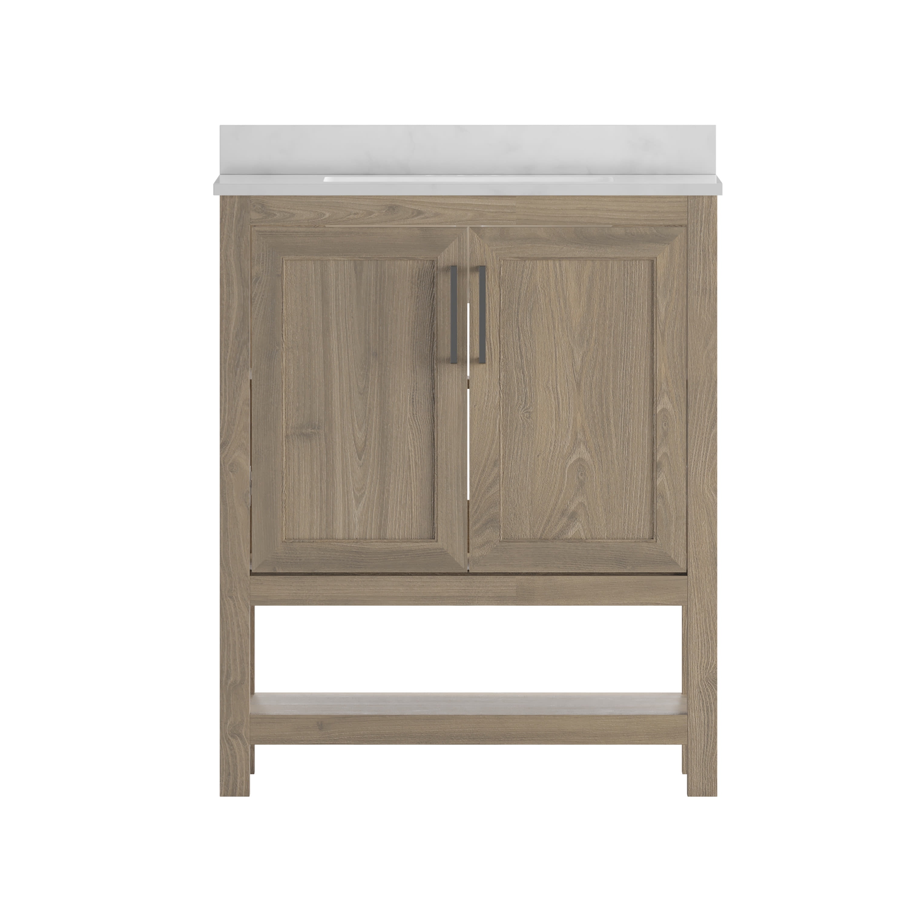 BizChair 30 Inch Bathroom Vanity with Sink Combo, Storage Cabinet with Soft Close Doors and Open Shelf, Carrara Marble Finish Countertop, Brown/White