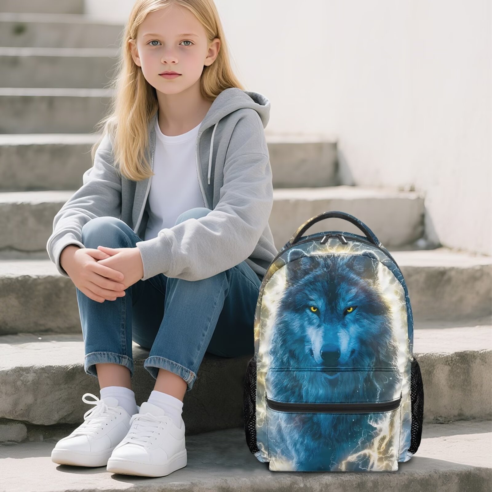 Mochila Escolar de 16 Pulgadas para Niños Resistente al Agua de Poliéster con Diseño de Lobo Genial para Primaria, Útiles Escolares 5
