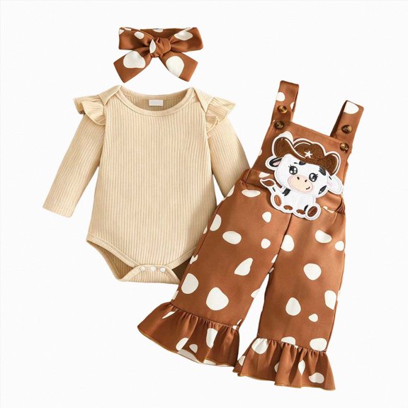 Linfrsh Fall Outfits Toddler Girl Cute Girls' Casual Top With Triangle Bib Paired With Adorable Cow Plush Backless Pants and Headband Set