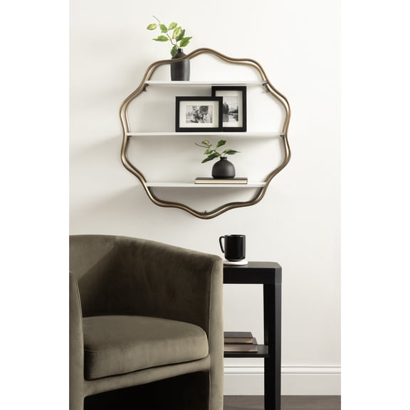 Kate and Laurel Wavella Geometric Three-Tier Wall Shelf, 28 x 7 x 28, White and Antique Brass, Decorative Teen Storage Shelves for Use as Over-the-Toilet Storage Shelf or Bedroom Display Shelving