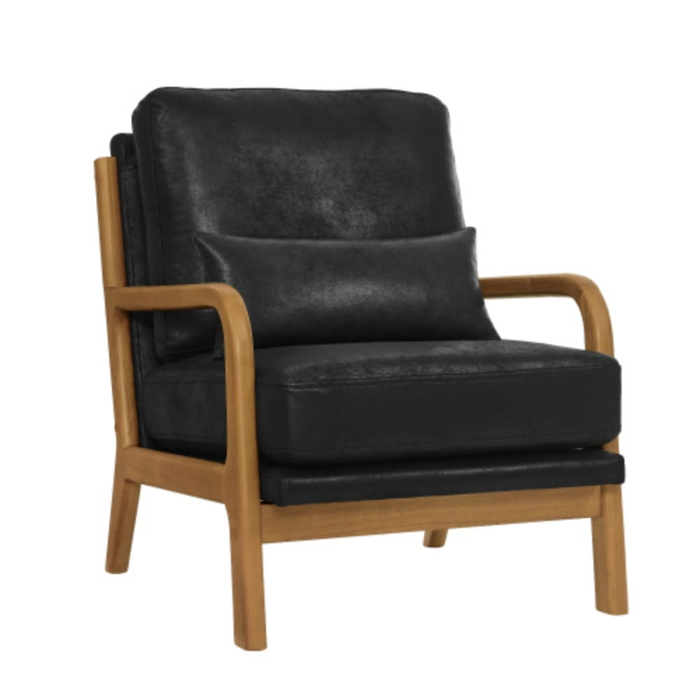 Wooden Lounge Chair, Modern Upholstered Accent Chair with Solid Wood Armrests, High-Density Foam Cushion, Reclined Backrest for Living Room, Bedroom & Office, Black