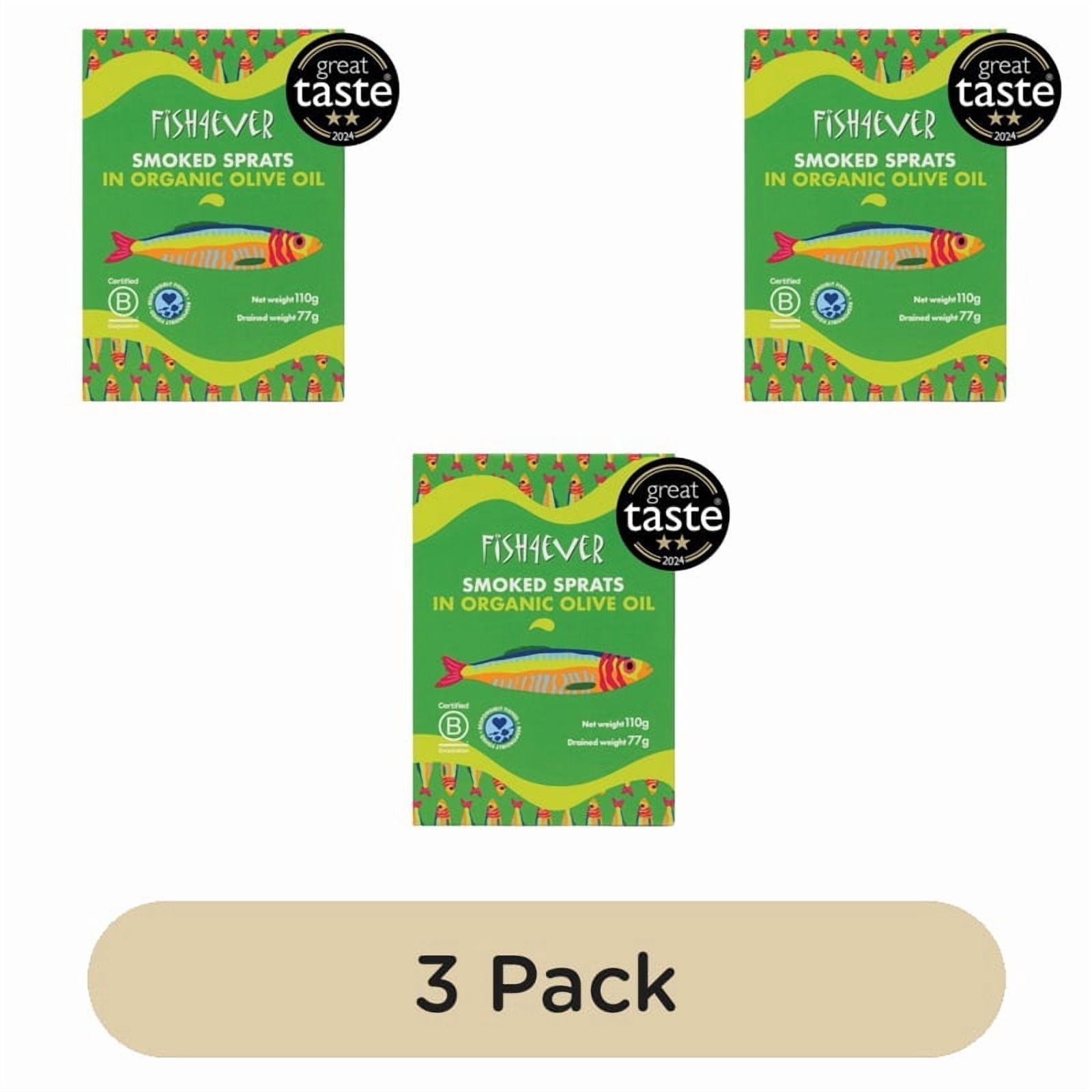 Fish 4 Ever Smoked Sprats in organic extra virgin olive oil 110g, British Import (Pack of 3)