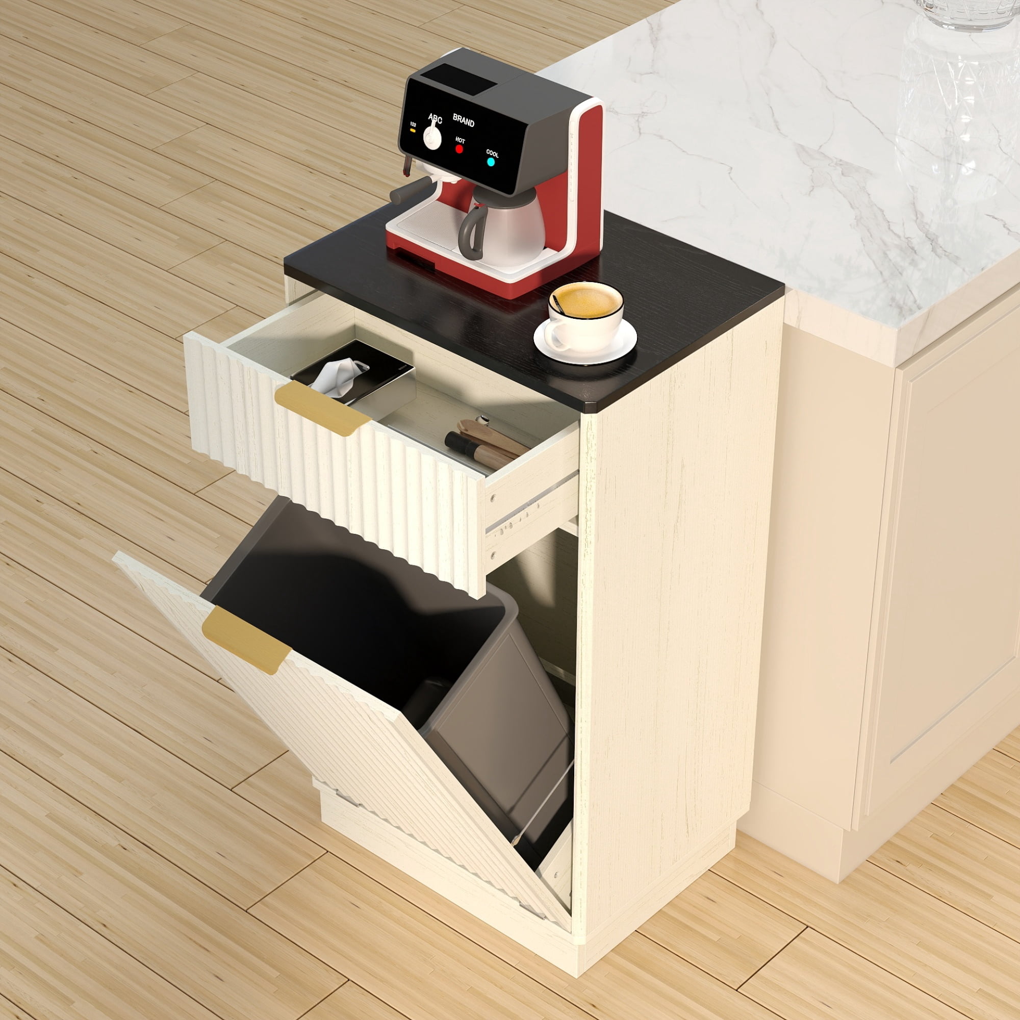 Jopath 10-Gallon Woodgrain Tilt-Out Trash Can Cabinet with Wave-Textured Drawer and Pull-Out Bin for Living room Bathroom Kitchen White 1
