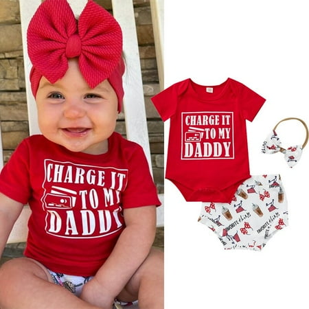 

3pcs Baby Boys Girls Clothes Sets Letter Short Sleeve Romper+Cartoon Printed Shorts Headband
