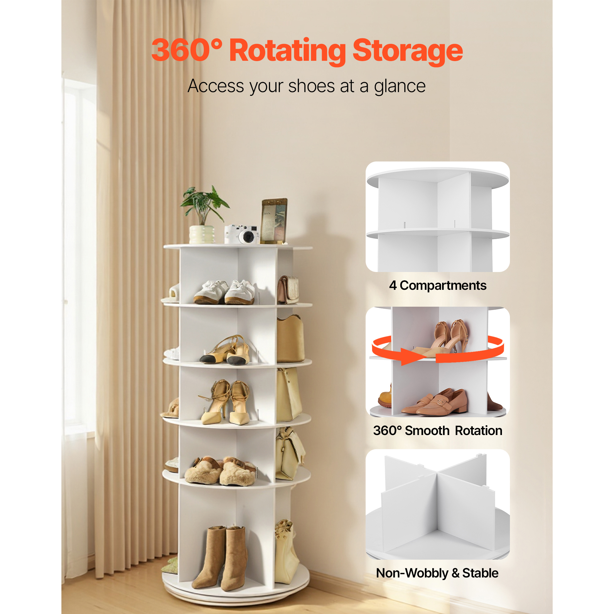KFFKFF 5-Tier Rotating Shoe Rack Tower, 360° Spinning Organizer, Freestanding Round Carousel Storage for Shoes, Ideal for Bedroom, Living Room, Entryway, Closet, White