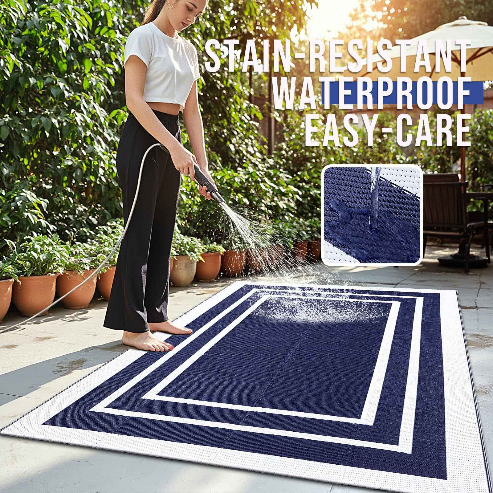 Smiry Outdoor Rugs 5x8, Waterproof Plastic Straw Indoor Outdoor Mat for Patio, RV Camping, Deck,Porch, Navy & White