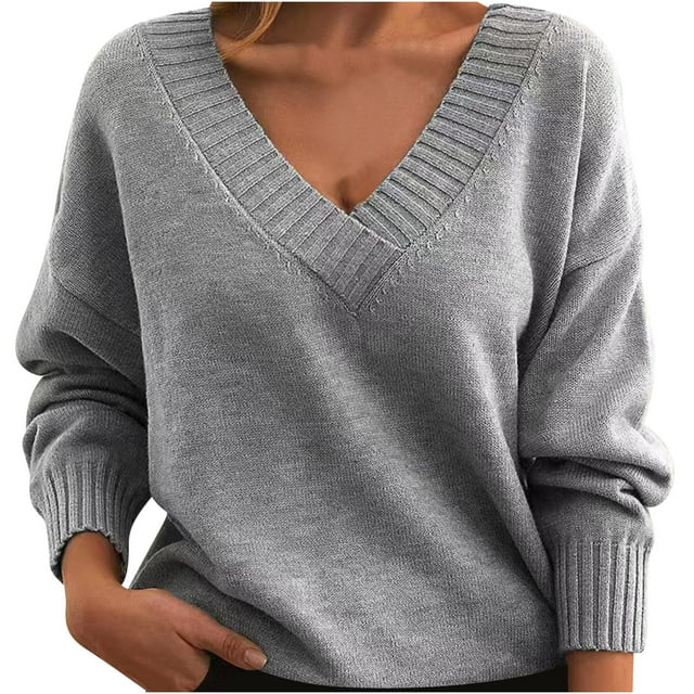 Timegard Hauts pour Femmes Col en V Profond Manches Longues Ample Confortable Chandail à Enfiler Automne Hiver Décontracté Hauts Chandail