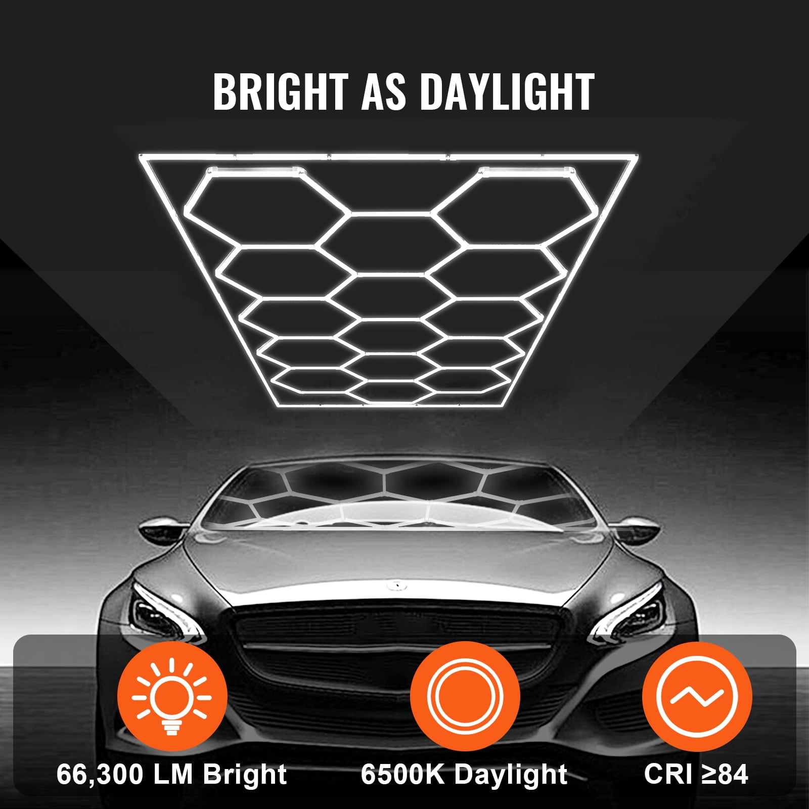 KFFKFF Hexagon Garage LED Lights, 66300LM, 6500K 15 Grid Honeycomb System, DIY Cool White Ceiling Lighting for Car Detailing, Gym, Basement, Workshop, and Bright Shop Spaces