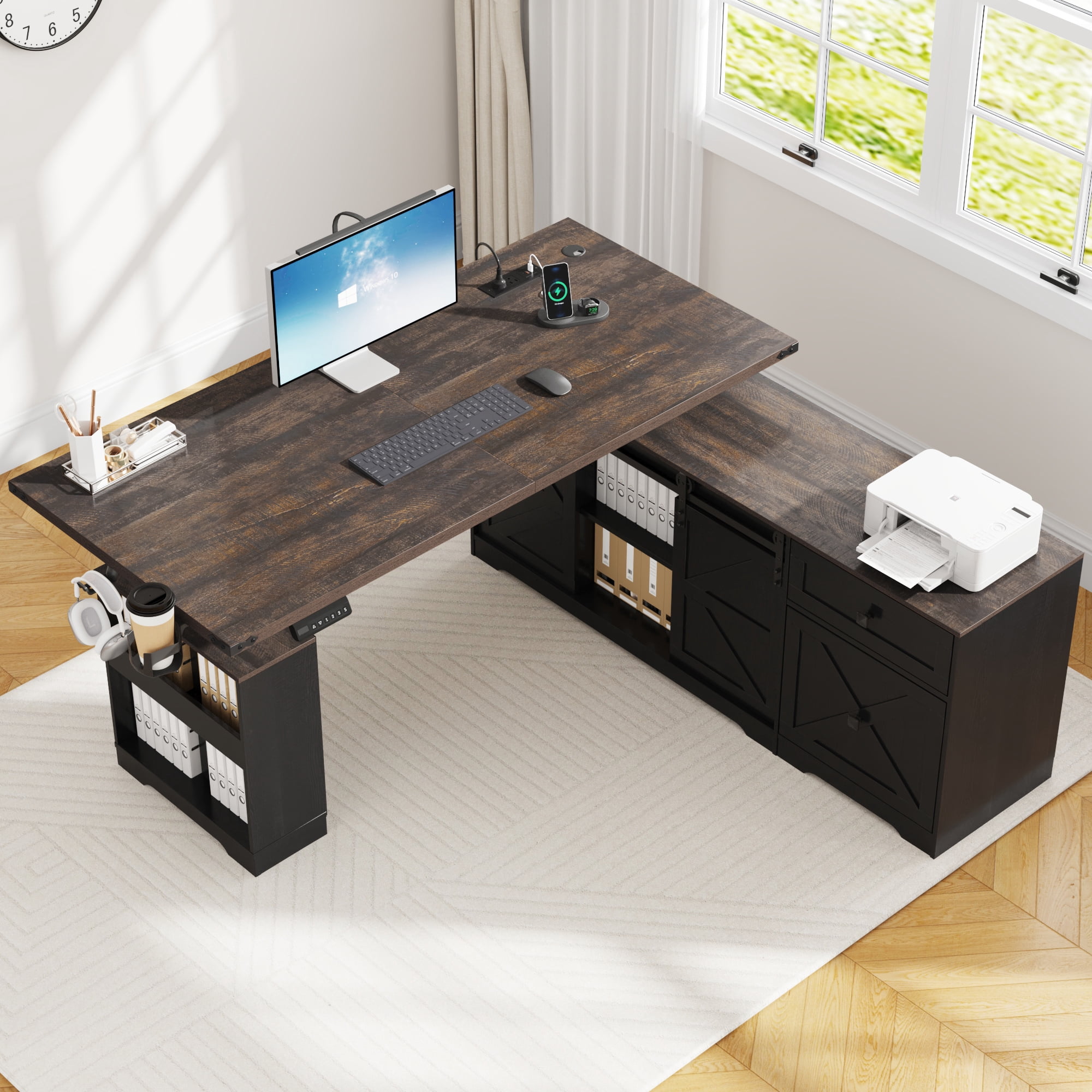 ANPOO 63" Farmhouse L Shaped Electric Standing Desk, Height Adjustable Corner Desk with Power Outlets, Storage Drawers and Adjustable Shelves, Standing Elegant Computer Desks for Home Office, Black