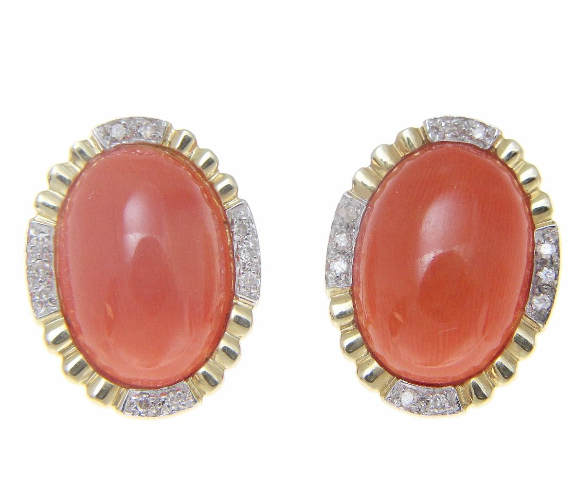 Genuine natural pink coral diamond earrings omega french post 14k yellow gold by