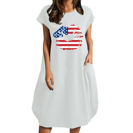 

Qufokar Senior Photo Outfits Womens Maternity Dresses Ladies Printed Loose Short Sleeve Dress for Women Summer Round Neck Dresses With Pocket July 4Th Usa Flag Cotton Linen Loose Dress